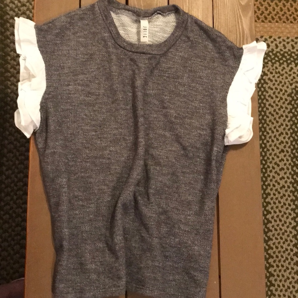 New small gray ruffled cap sleeve sweatshirt.